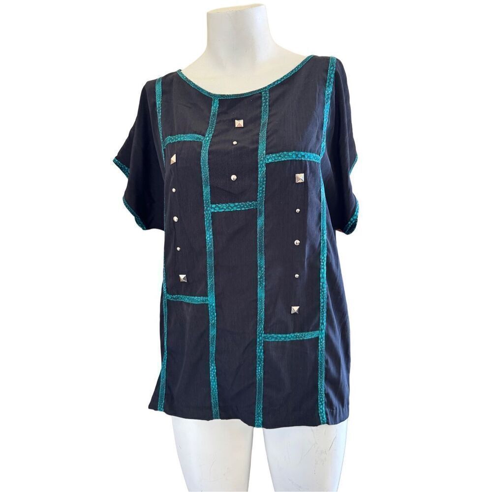 Amy Jess Women’s M vintage 80’s black green silver stud pullover silky blouse re